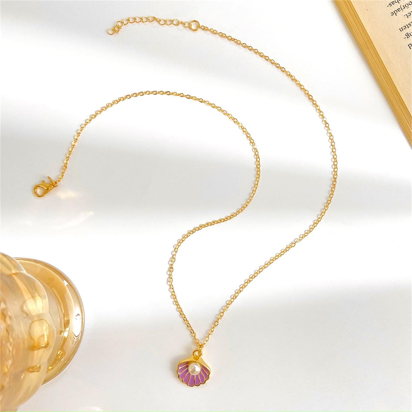 Seashell Pearl Pendant Necklace Gold Plated Boho Enamel Pink Blue Scallop Sea Shell Starfish Ocean Animal Chain Necklace for Women Hawaiian Summer Beach Holiday Fashion Jewelry Gifts (Purple)