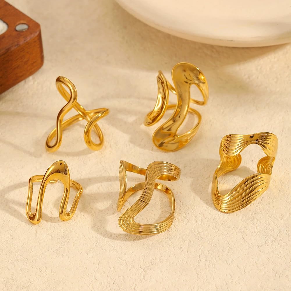 AIETUE Chunky Rings For Women, Gold Silver Thumb Ring Asymmetrical Wavy Curve Ring Adjustable Non Tarnish Dainty Stainless Steel New Year Anniversary Birthday Jewelry Gift (Trendy Gold #1)