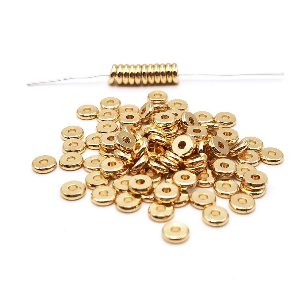 INSPIRELLE 100pcs Heishi Beads 6mm Long-Lasting Disc Brass Rondelle Spacer Beads Pale Gold Plated Flat Round Shape Jewelry Metal Spacers for Bracelet Necklace Jewelry Making