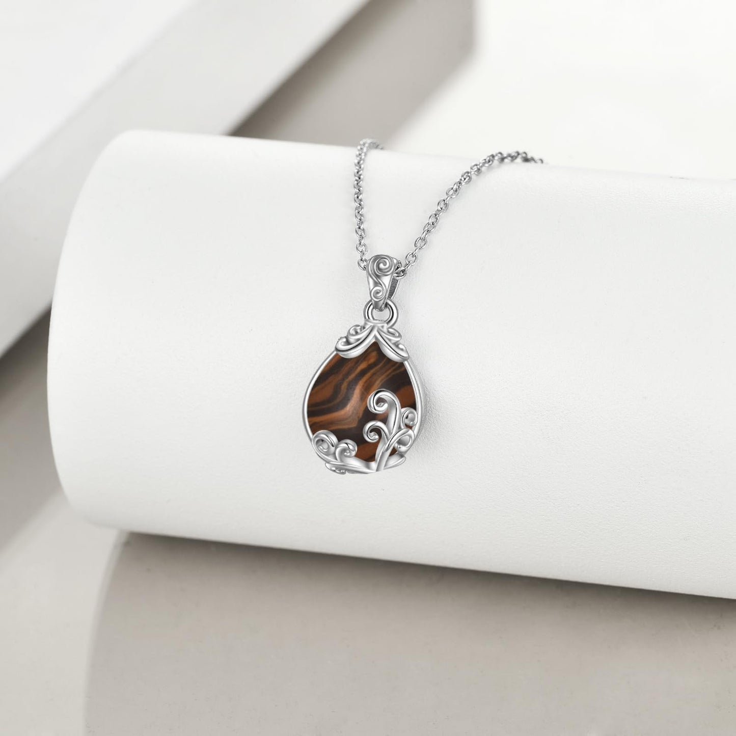 POPLYKE Sterling Silver Tiger Eye Filigree Teardrop Necklace Filigree Pendant Jewelry Gifts for Women