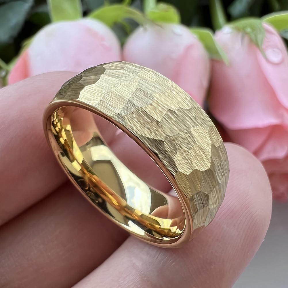 TUTISS 8mm Gold Hammered Tungsten Rings for Men Women Engagement Wedding Bands Domed I Love You Engraved Comfort Fit Size 9
