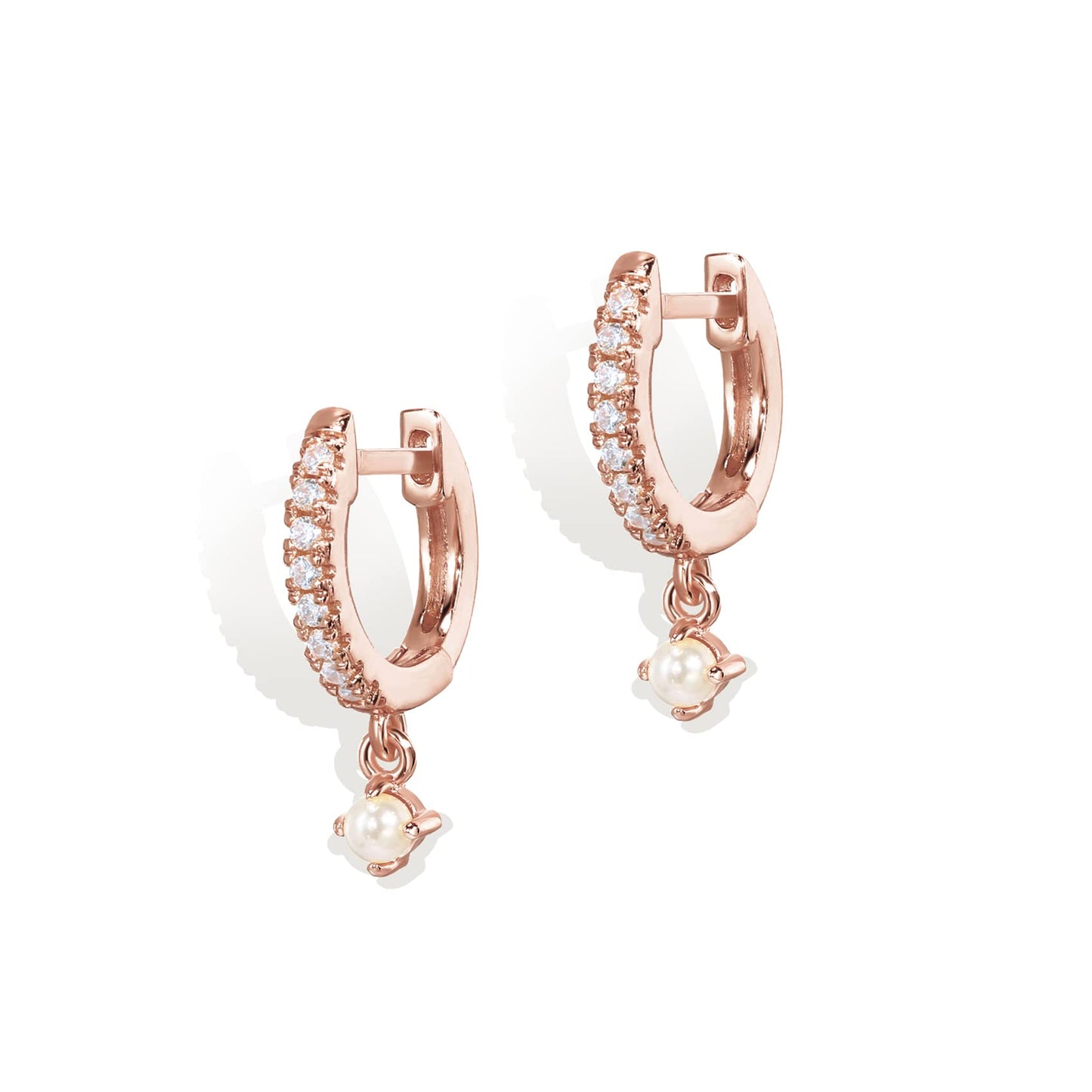 PAVOI 14K Rose Gold Plated 925 Sterling Silver Post Trendy Cubic Zirconia and Pearl Dangle Huggie Earrings for Women - Small Gold Hinged Pearl Huggie Hoop Earrings
