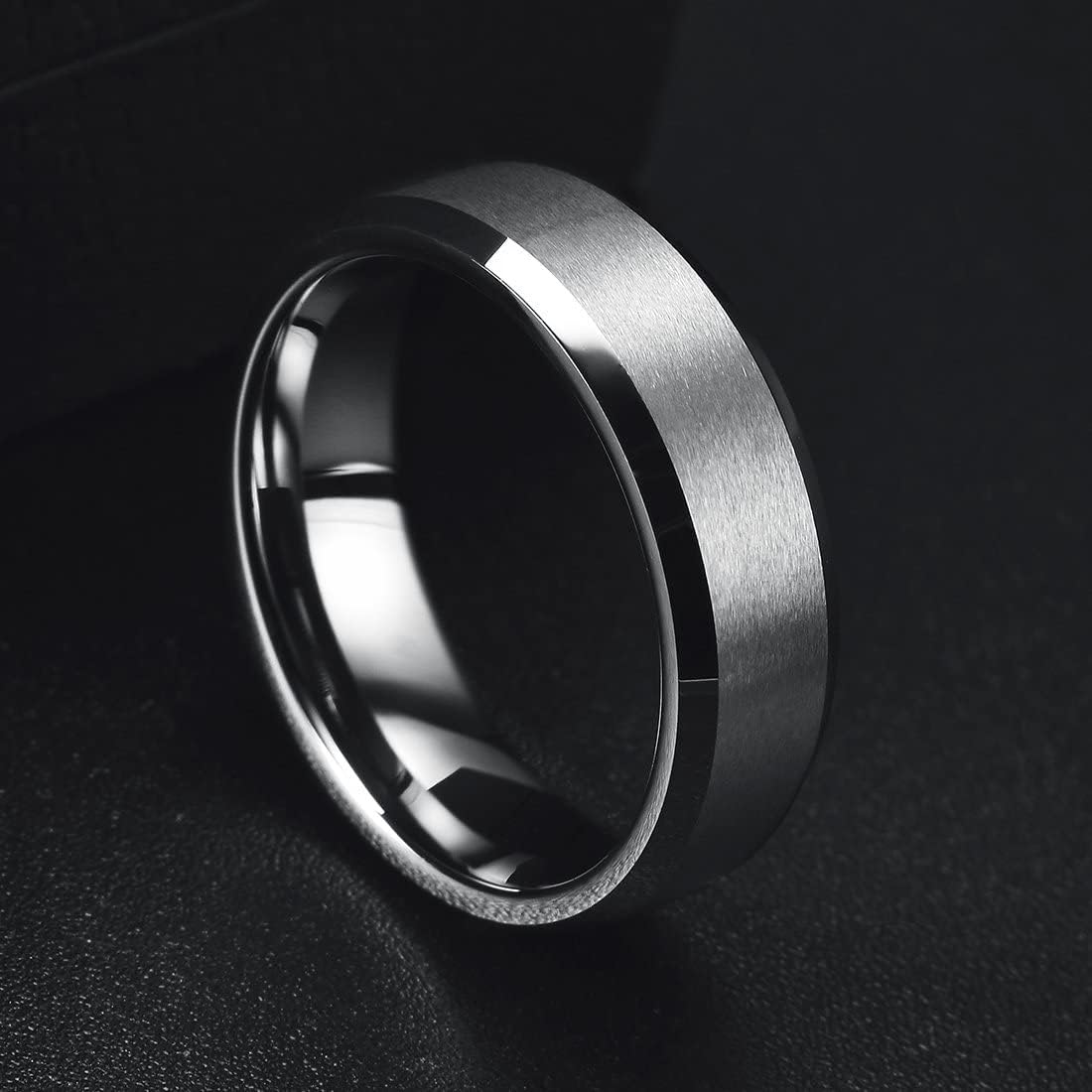 King Will 6mm Men's Silver Wedding Ring - Brushed Matte Surface, Beveled Polished Edge, Comfort Fit Size15