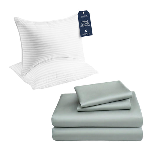 Beckham Hotel Collection Down Alternative Pillows & Cotton Sheets 4 Piece Set, 16" Deep Pocket, 2 Open End Pillowcases, Queen, Gray
