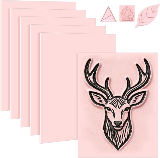 6 Pack 8''x10'' Pink Rubber Stamp Carving Blocks Soft Carving Blocks for DIY Stamp Making, Printmaking, Art Projects Craft Supplies for Beginners & Professionals