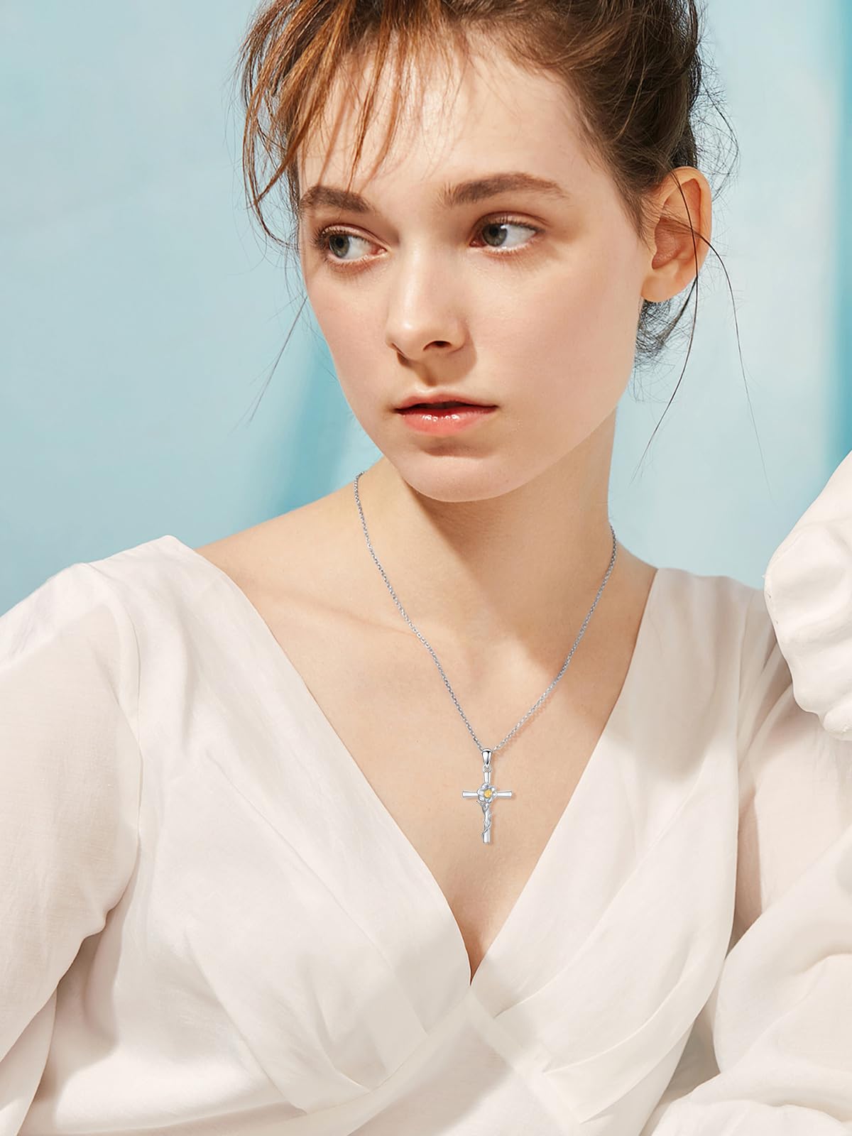 Cargari Daffodil Necklace for Women Sterling Silver Daffodil Cross Pendant Birth Flower Cross Necklace Jewelry Gifts for Women