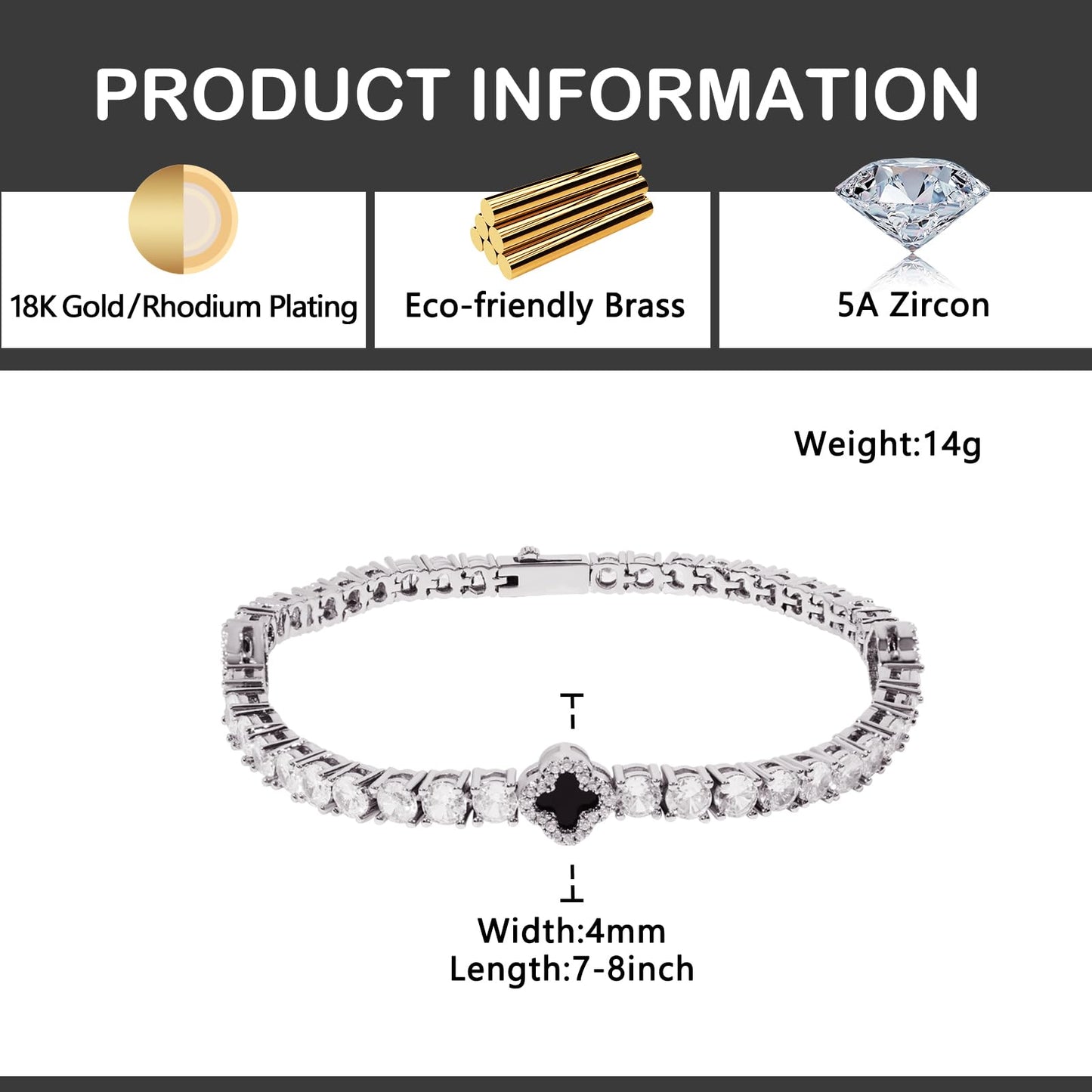 LuxeFlex 4mm Iced Out Clover Tennis Bracelet, White Gold Plated with 5A Zircon Stones, Handmade exquisite Hip Hop Jewelry, Perfect Unisex Gift (White Gold, 7)