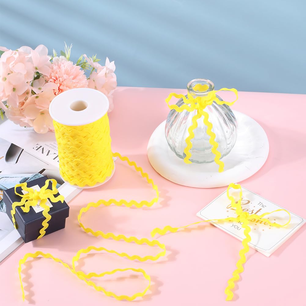GORGECRAFT 54.6Yds/50m Rick Rack Trim Ribbon Yellow Wave Bending Fringe Trim 0.2"/5mm Woven Braided Webbing Edge Lace Zig Zag Ribbon for Sewing Crafts Dress Embellishment Wedding Party Gift Wrapping