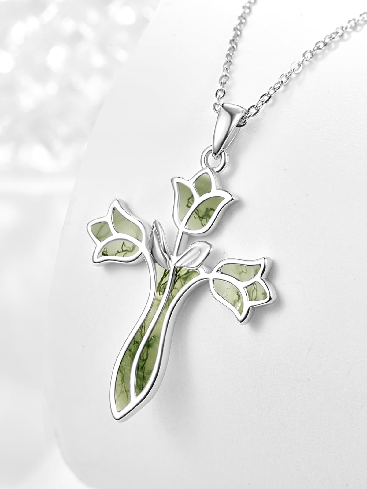 Dreamboat Cross Necklace for Women Sterling Silver Cross Pendant Christian Necklace Tulip Rose Moss Agate Faith Confirmation Gifts Religious Jewelry for Mom
