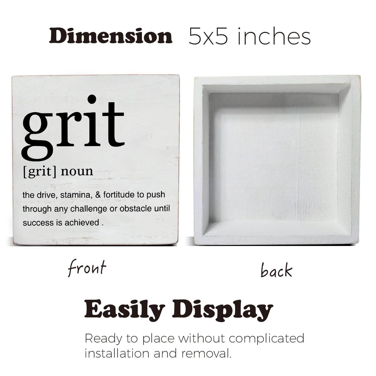 Inspirational Grit Definition Art Wooden Box Sign Grit Minimalist Desk Decorative Wooden Sign Home Office Decor for Table Shelf 5 x 5 Inches
