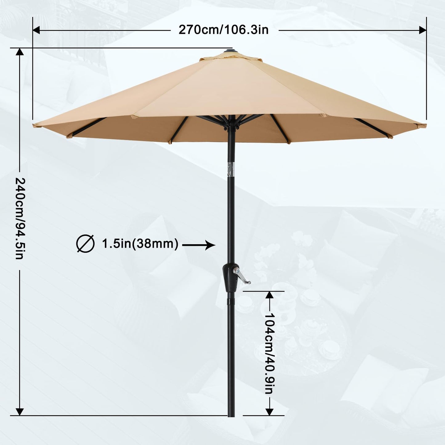 MASTERCANOPY 9FT Patio Umbrella with Push Button Tilt and Crank, Outdoor Market Umbrella with 8 Sturdy Ribs, UV Protection & Waterproof for Garden, Deck, Backyard, Pool (Khaki)