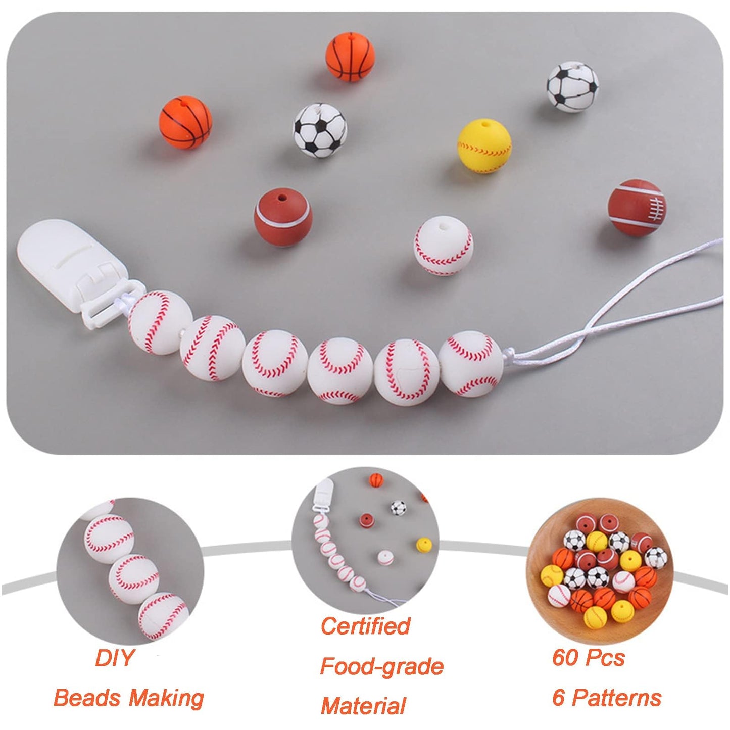 Silicone Beads, 60pcs 15mm Silicone Beads Bulk with 6 Keychain & Tassels, 5M Lanyard Making Jewelry Necklace Bracelet DIY Crafts for Pen, Xzyden Rubber Beads Sports Silicone Bead for Keychain Making