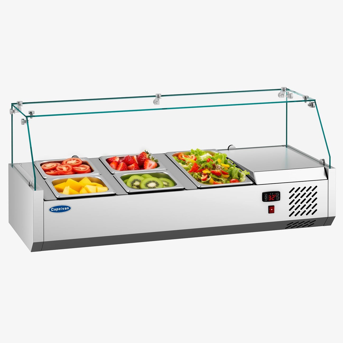 Capeivan Commercial Salad Bar Refrigerator with 3×1/3 GN Pans - 170W Countertop Refrigerated Display Case for Sandwich Prep, Cold Buffet & Portable Food Storage (0-12℃/32-53.6℉, Stainless Steel)