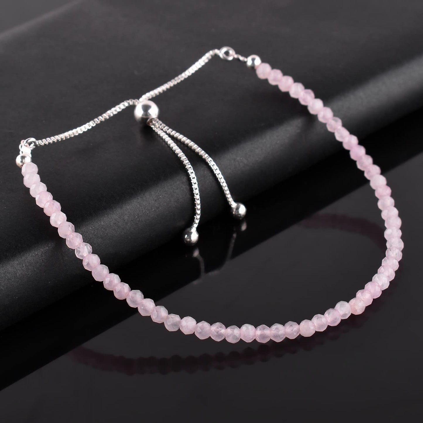 ZEMBIENCE Natural Rose Quartz Gemstones Bolo Bracelet, Micro-Faceted Beads Stones, Chakra Healing Crystals, Silver Plated, Adjustable Slider, Birthstones, Handmade, Women Jewelry, Valentine Gifts, 10"