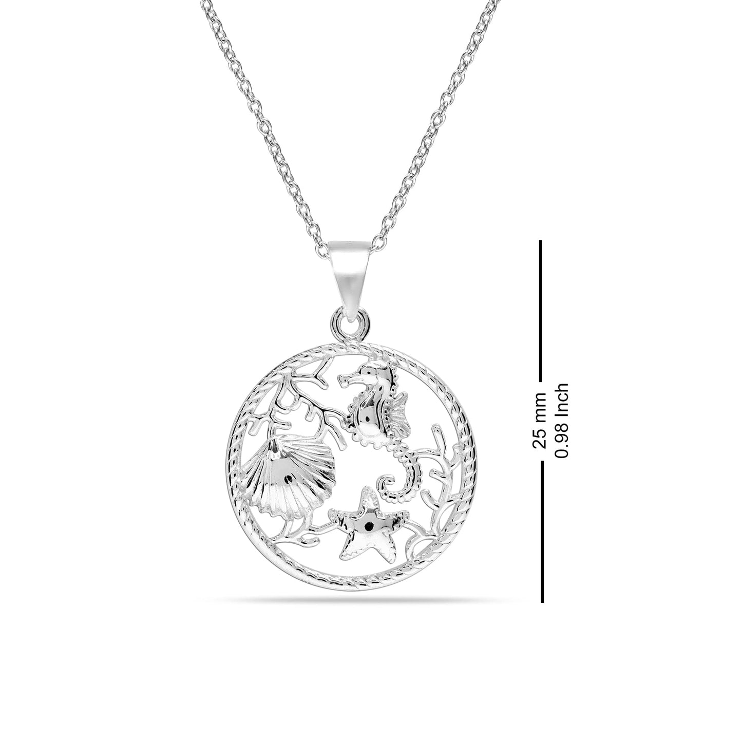 LeCalla 925 Sterling Silver Sea Life Pendant Necklace | Seahorse, Starfish & Shell Round Design Necklace Jewelry Gift for Women | Beach Style Necklace 18 Inches