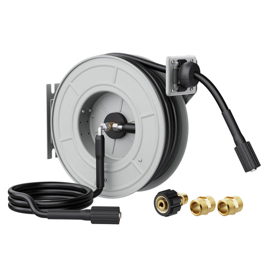 Giraffe Tools Retractable Pressure Washer Hose Reel, Wall-Mounted, 65ft Auto-Rewind Hose Storage, 3200 PSI Heavy-Duty Steel