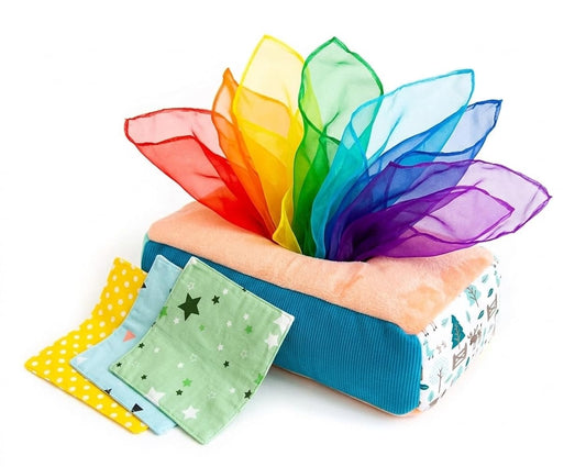 Baby Tissue Box Toy - Montessori Play for Infants and Toddlers - Sensory Textured Box with 12pcs Matching Colorful Scarves and 3pcs Crinkle Paper