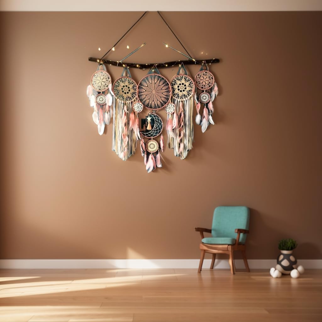 5 Pack Moon Phase Dreamcatcher Set Boho Wall Decor, Boho Macrame Wall Hanging Dream Catchers, for Home, Bedroom, Living Room, Witchy Gifts (Black Purple)