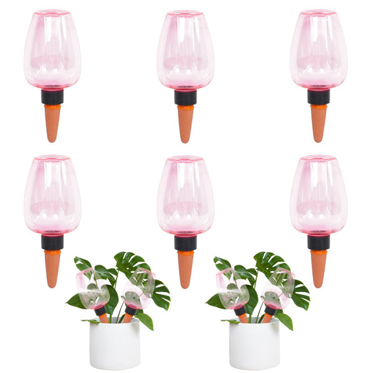 GEWOSI 6pcs Plant Self Watering Globes, Plastic Water Bulbs Top Fill, 12.3 oz Plant Watering Devices System Slow Release Terracotta, Water Spikes Stakes for Indoor (Pink-6pack)