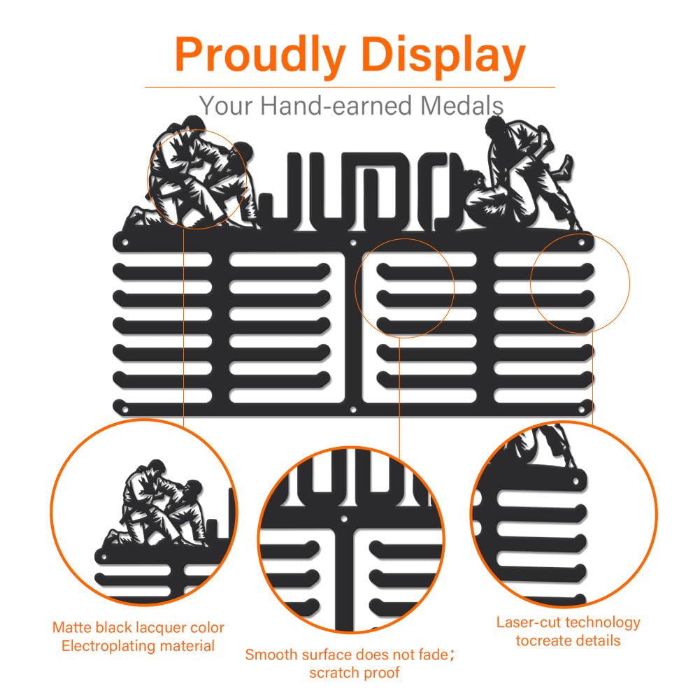 SUPERDANT Judo Medal Hanger Display Sports Medal Holder 6 Rows Wall Mount Judo Medals Hanging Hook Black Metal Display Rack Hangers Iron Race Ribbon Award Organizer for Athletes Player