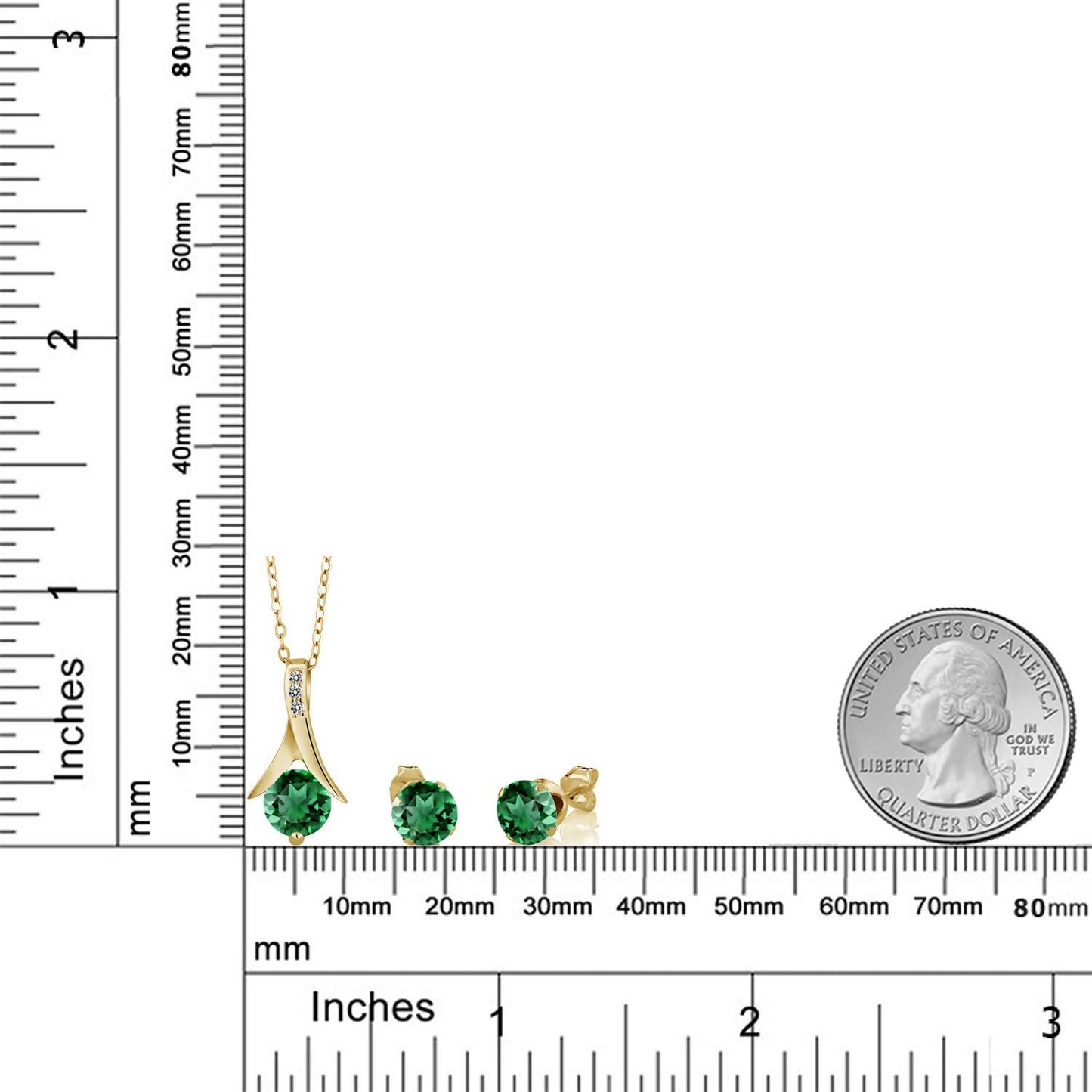 Gem Stone King 18K Yellow Gold Plated Silver Simulated Emerald and White Diamond Pendant Earrings Jewelry Set For Women | 2.36 Cttw | With 18 Inch Chain | Fine Jewelry Gifts for Her Mom Women Wife
