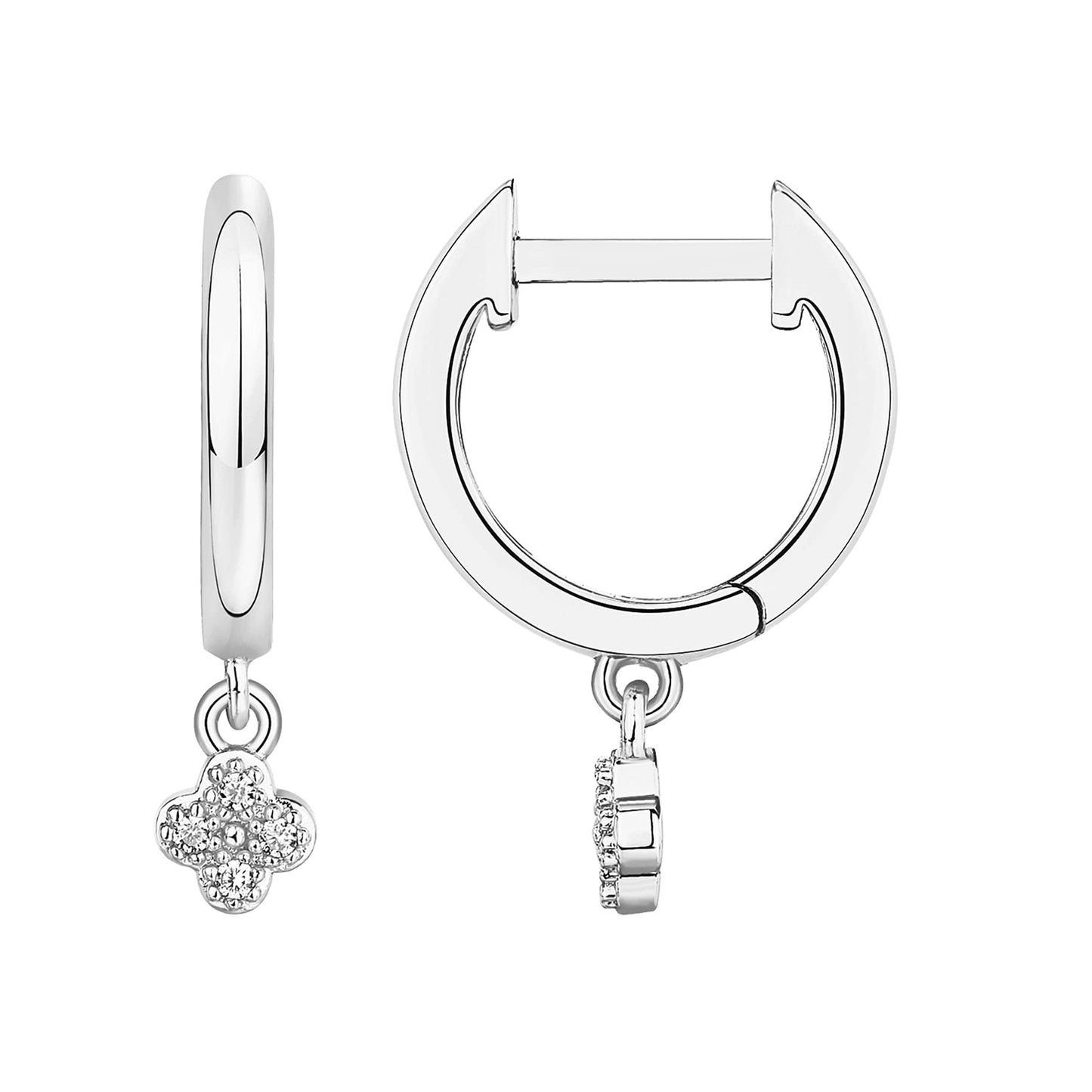 PAVOI Rhodium Plated 925 Sterling Silver Post Dangle Huggie Hoop Earrings For Women - Trendy Clover Drop Hoop Earrings - Cubic Zirconia Small Hinged Huggies