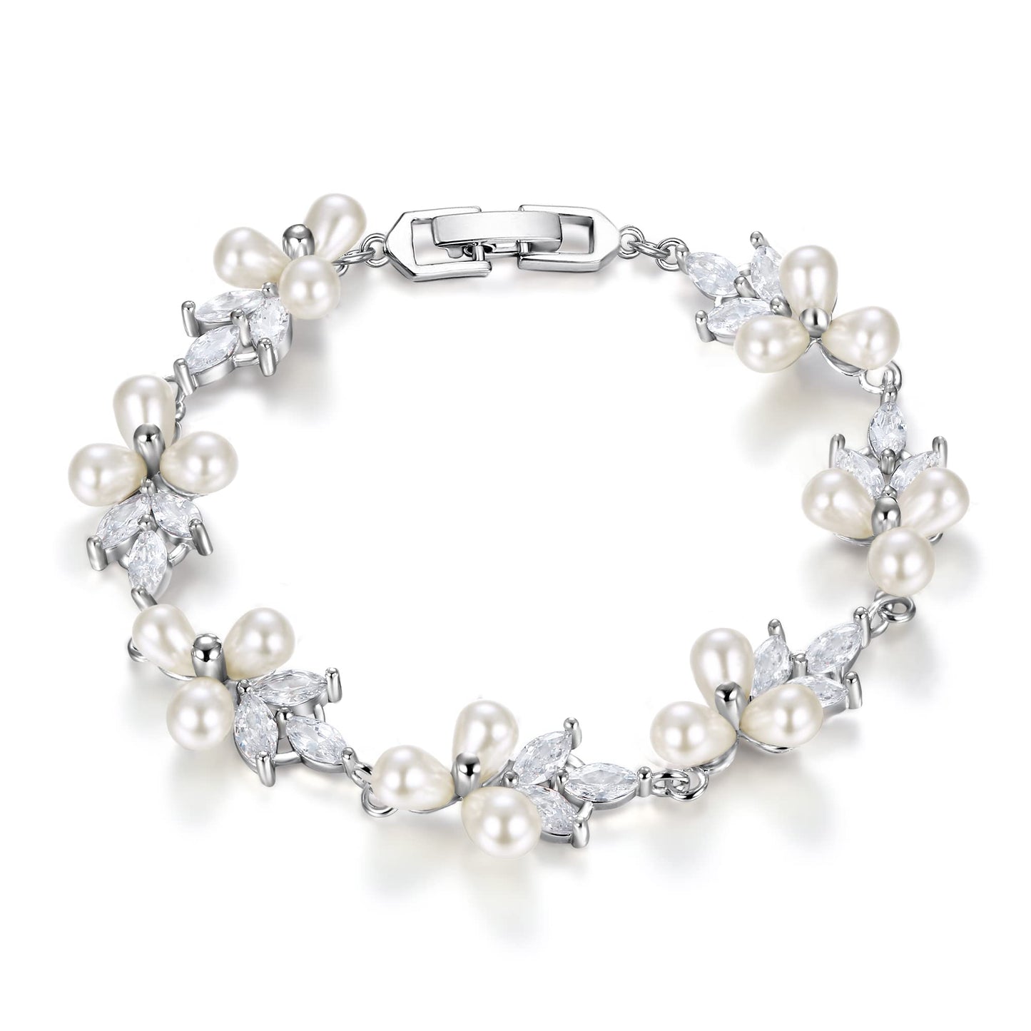 EVER FAITH Women's CZ Cream Simulated Pearl Floral Leaf Wedding Bride Tennis Bracelet Clear Silver-Plated-Brass