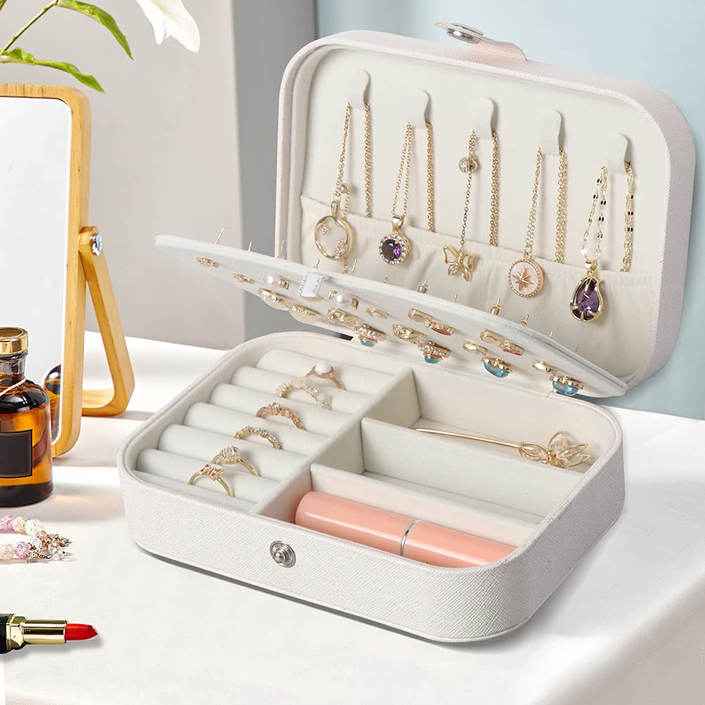 Travel Jewelry Box, Small Jewelry Organizer Boxes for Women Girls, 2 Layer Travel Jewlery Case, PU Leather Mini Portable Jewerly Storage Display Holder for Earrings, Ring, Necklaces, Bracelets - White