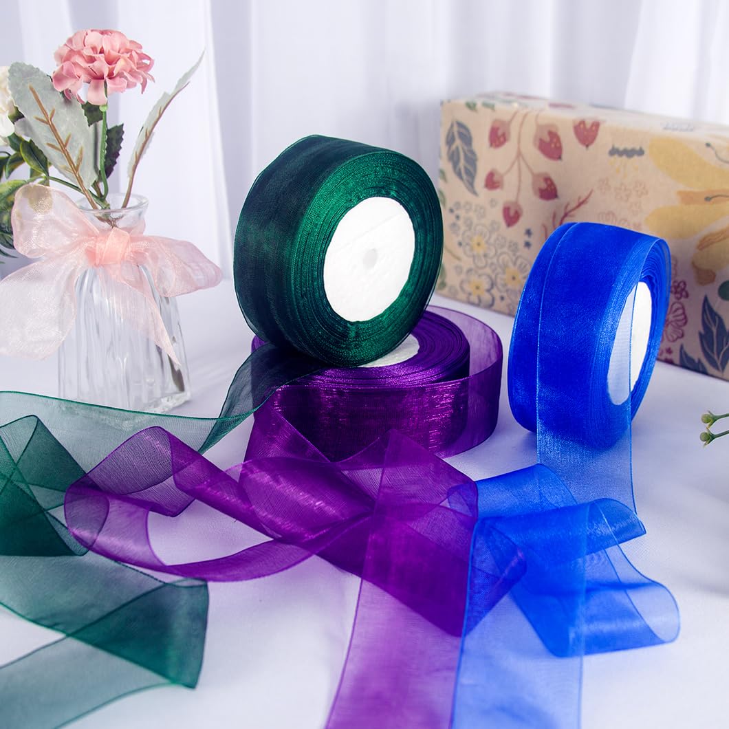 CHHEART Sheer Organza Tulle Ribbon Set 3 Roll Clear Ribbon 1.5 Inch x 50 Yard Blackish Green Organza Ribbons for Gift Wrapping, Wedding, Christmas Tree, Flower Bouquets, Wreaths, Crafts