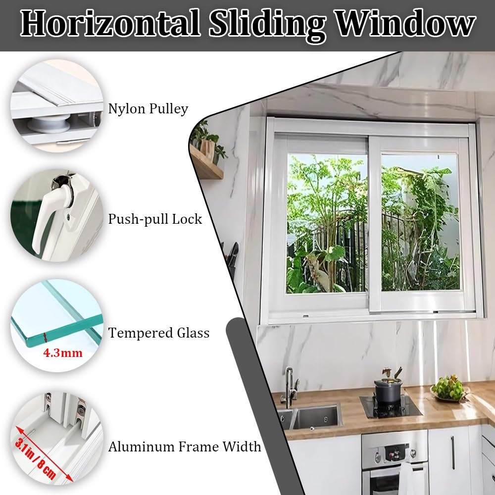 Basement Sliding Window, Push-Pull Lock, Ventilation & Natural Light for Replacement Window, Shed, Garage, Barns(White,31x12in/79x30cm(WxH))