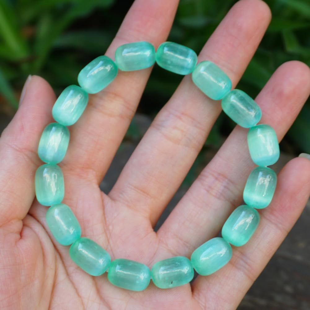 TaHLga Natural Selenite Crystal Bracelet for Women Men | 8x12mm Green Plated Cylinder Beads | Authentic Stone with Leather Pouch, Gift Box & Repair Kit | Fits 7.5 inch Wrist