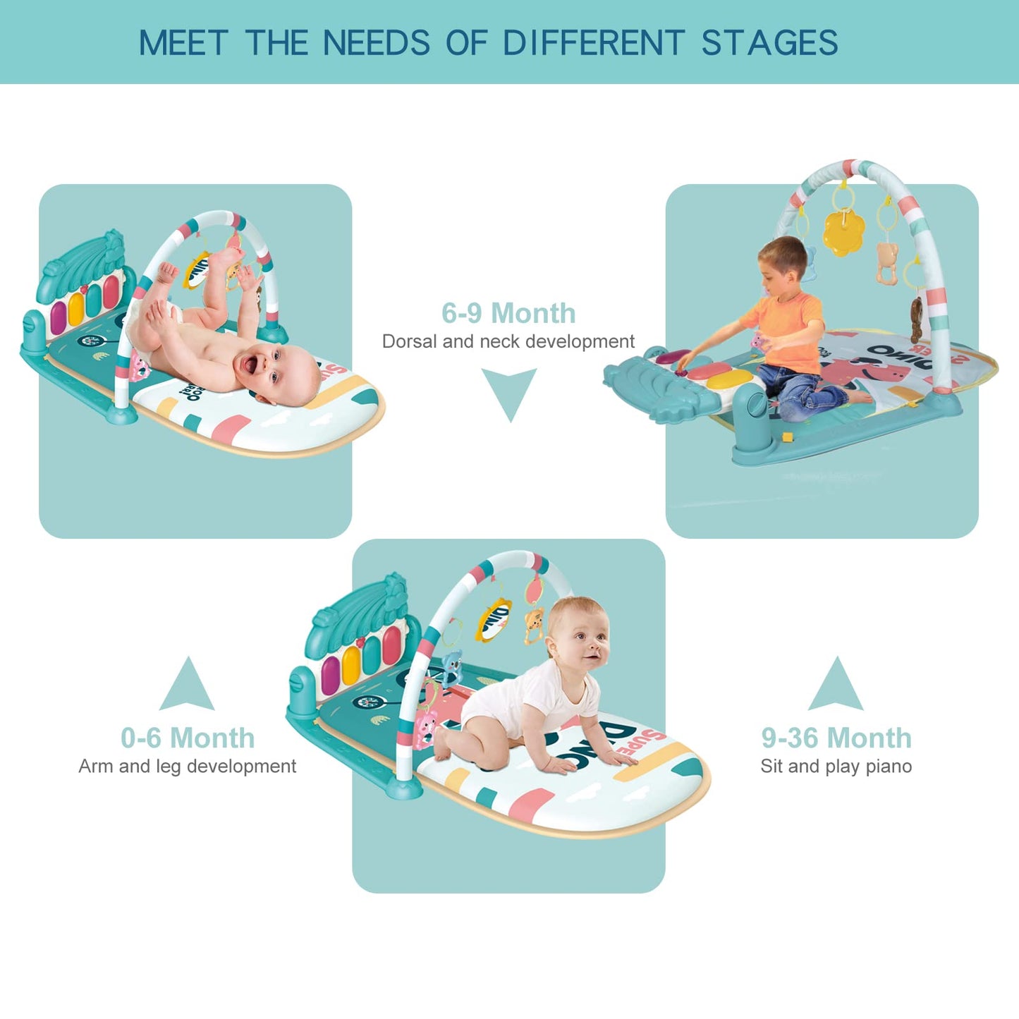 dearlomum Baby Play Mat & Piano Tummy Time Gym, Infant Sensory Activity Playmat with 5 Toys, Music & Lights, Developmental Gift for Boys & Girls 0-12 Months (Blue)