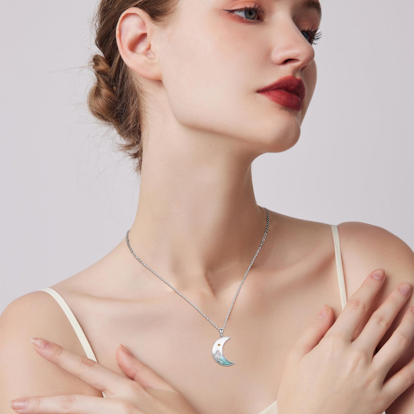Suiknsn Mustard Seeed Necklace 925 Sterling Silver Turquoise Mountain Pendant Necklace Moon Jewelry Outdoor Hiking Gifts for Women Girlfriend