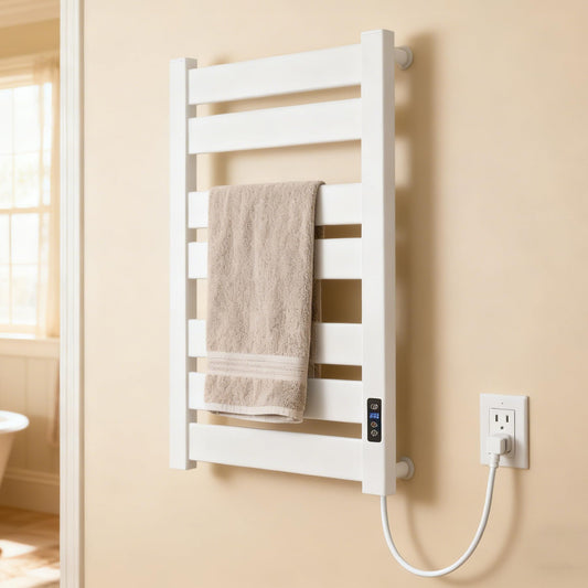 Towel Warmer Rack, Heated Towel Rack for Bathroom, Wall-Mounted Plug (Not Hardwired), Aluminum alloy/7 large area heating rods, With Timer and Temperature Adjustment, Overheat Protection Function
