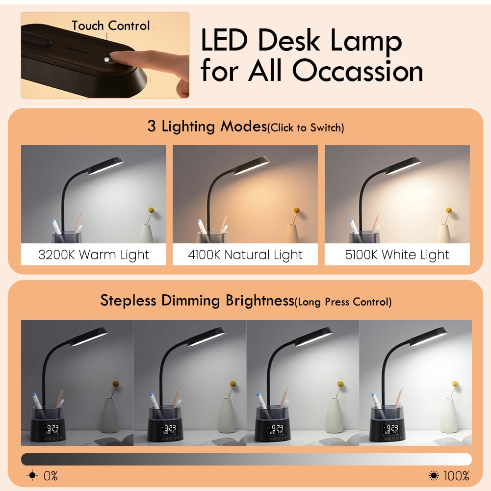 WILIT LED Kids Desk Lamp, Dimmable Study Lamp for Home Office Desk Accessories, with Pen Holder & Clock, USB Charging Port, RGB Night Light, Bedroom & College Dorm Room Essentials for Girls - Black
