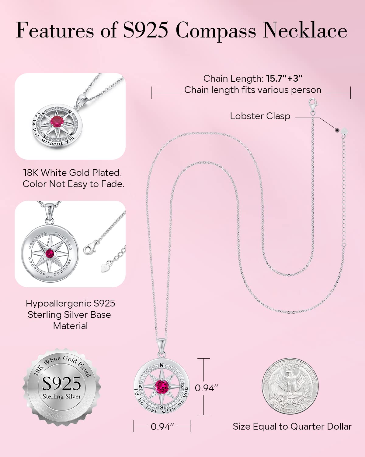 S925 Sterling Silver Necklace for Wife, Women Anniversary Year Gifts Compass Jewelry, Birthday Gift Ideas for Her Girlfriend Woman Necklaces, 18K White Gold July