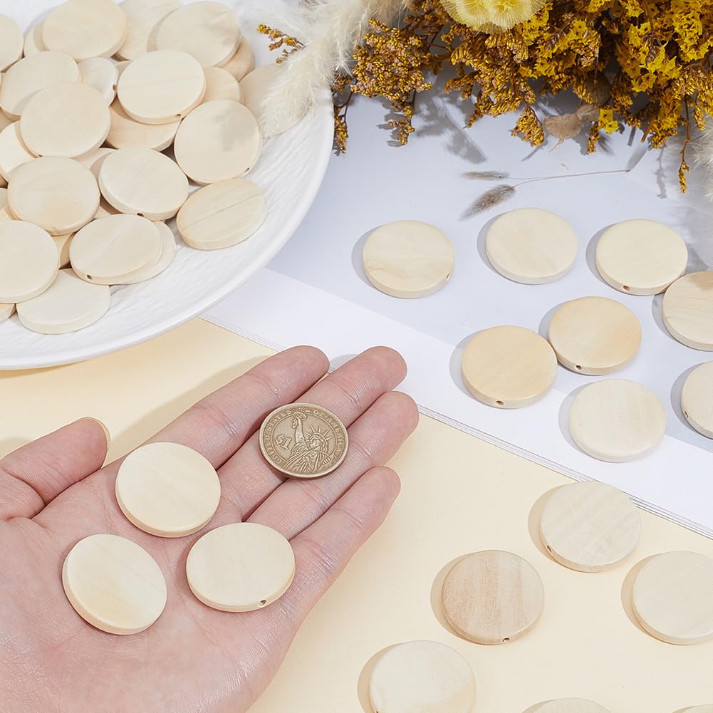 PONABEADIY 30MM 60PCS Unfinished Wooden Beads with Hole Natural Flat Wood Coin Flat Round Circle Macrame Slices Loose Spacer Bead Bulk for Jewelry Making Tassel Garland Home Decor DIY Crafts Supply