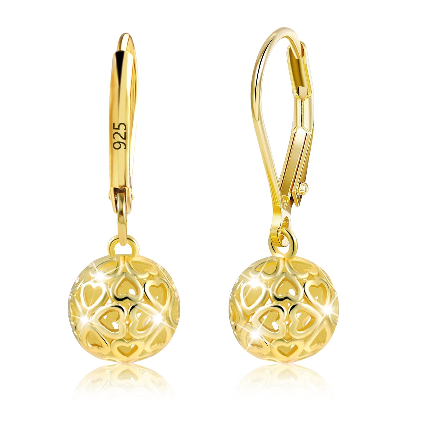 LANCHARMED 14K Gold Ball Dangle Drop Earrings for Women, 925 Sterling Silver Trendy French Style Heart Leverback Earrings Hypoallergenic Jewelry