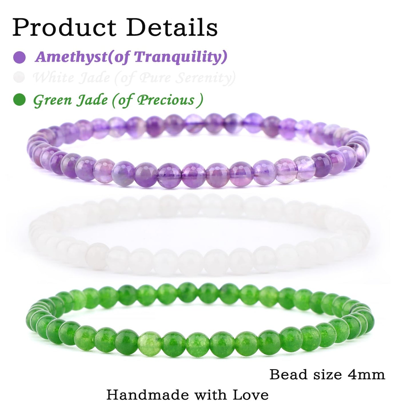 NCB 3-Piece 4mm Natural Crystal Gemstone Stretch Bracelets – ﻿Amethyst, Green Jade, White Jade Handmade Reiki Energy Healing Jewelry for Meditation,Yoga, Unisex