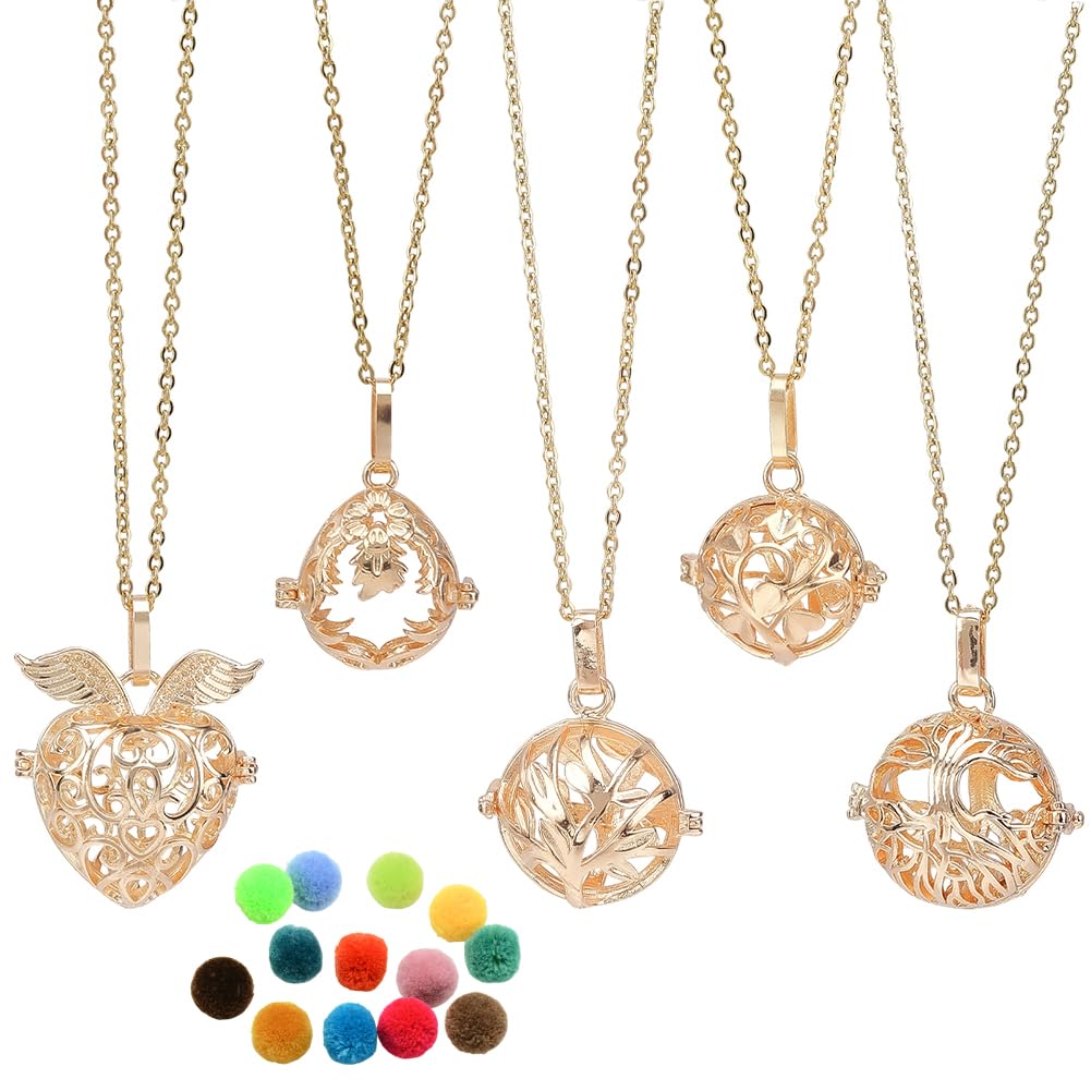 SUNNYCLUE 1 Box 5Pcs Aromatherapy Necklaces Diffuser Necklace with 20Pcs Pom Pom Ball Tree of Life Angel Essential Oil Diffuser Jewelry 304 Stainless Steel Hollow Bead Cage Pendants for Women Gifts