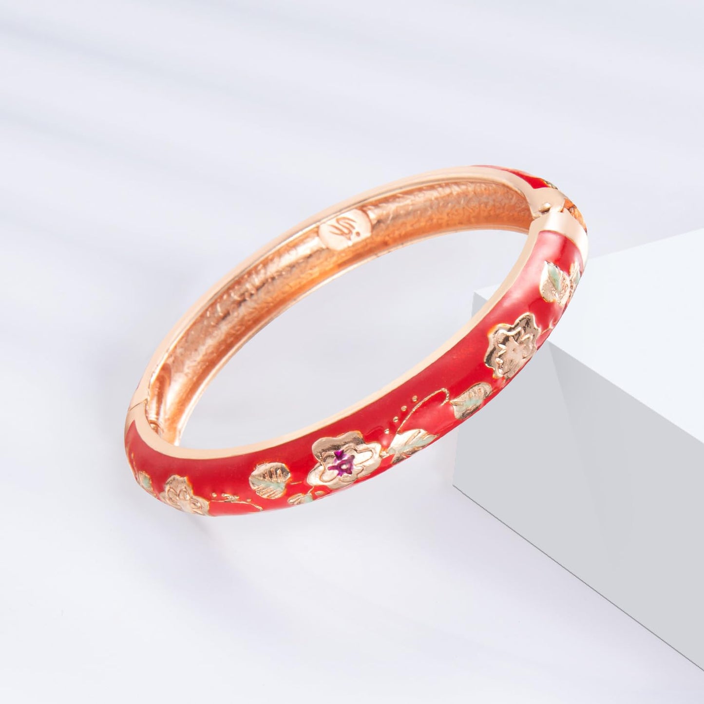 UJOY Vintage Bracelet Enameled Jewelry Spring Hinge Metal Gold Plated Cuff Cloisonne Bangles Set Gift Box Packed 55A87-55A103 Red