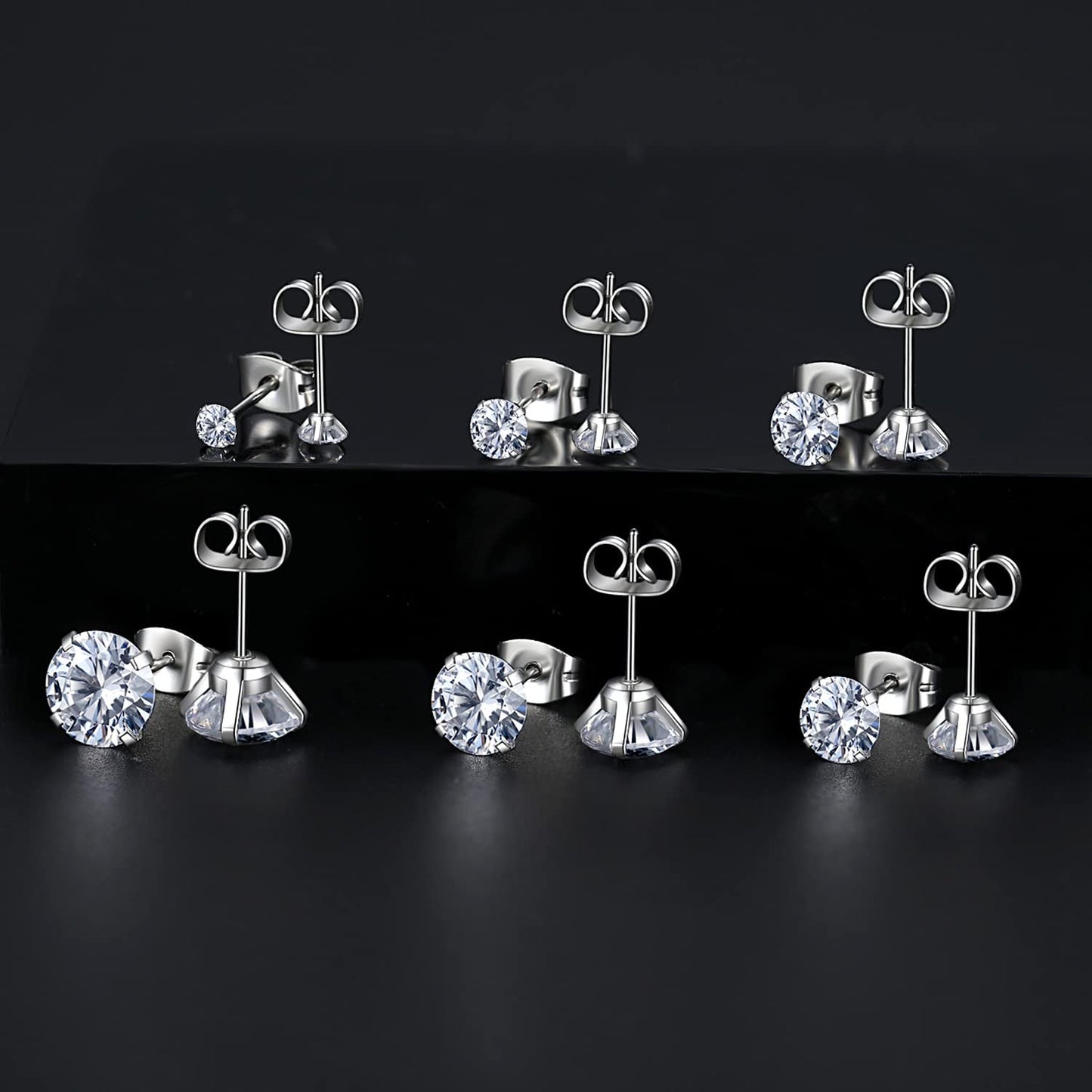 6 Pairs Stud Earrings Set, Hypoallergenic Cubic Zirconia Earrings 316L Stainless Steel CZ Earrings 3-8mm (White CZ)