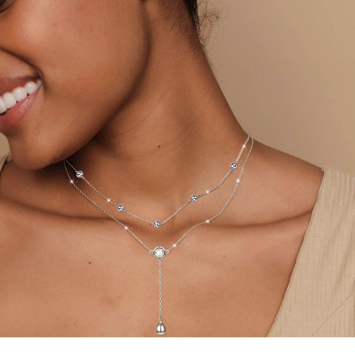 FLYOW Layered Necklace S925 Sterling Silver Teardrop Double Choker Y Lariat Long Necklace Mothers Day Birthday Gifts for Women