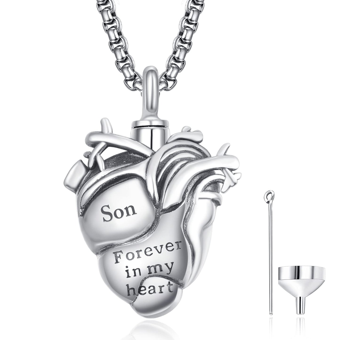 Anatomical Heart Urn Necklaces for Ashes Sterling Silver Ash Pendants Cremation Jewelry Son Keepsake Pendant Memorial Jewelry Gifts for Loss of Son