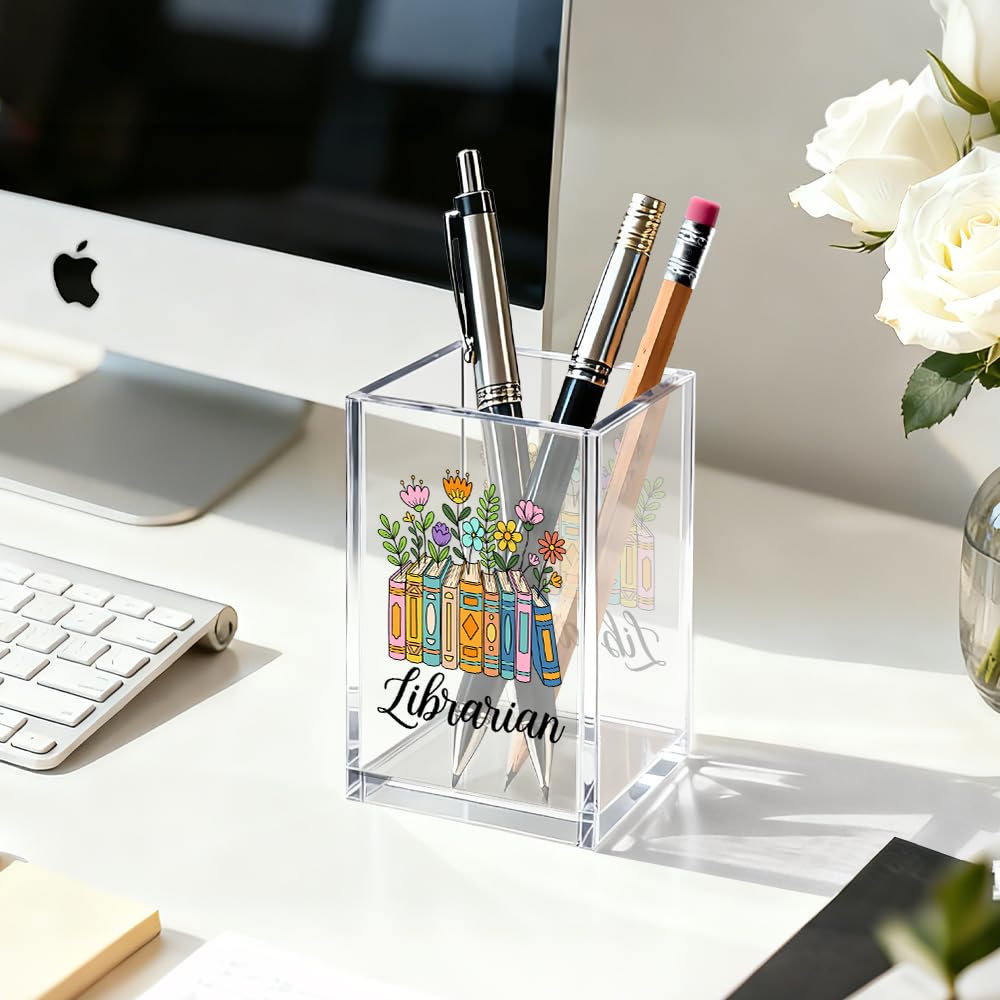 Gkodw Librarian Acrylic Pen Holder Cosmetic Organizer, Funny Pencil Pen Holder for Desk, Reading Nook Accessories for Library Lover Teacher, Librarian Day Appreciation Birthday Back To School Gifts