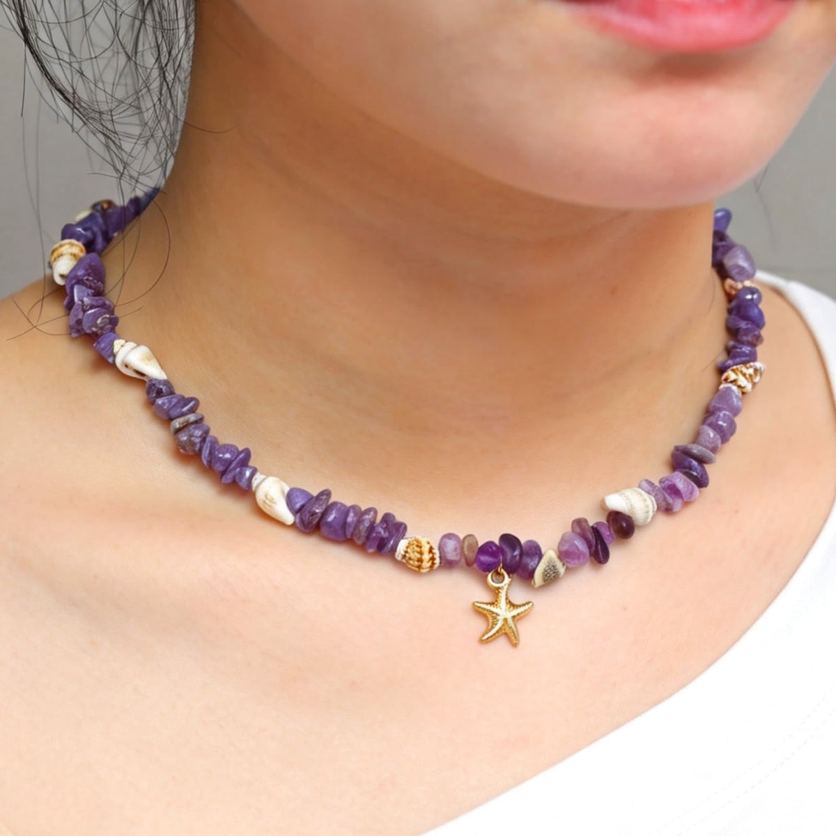 Amethyst Necklace for Women, 14K Gold Plated Dainty Starfish Natural Amethyst Crystal Beaded Necklaces Waterproof Handmade Beach Summer Boho Choker Bead Ocean Beachy Vacation Necklace for Women