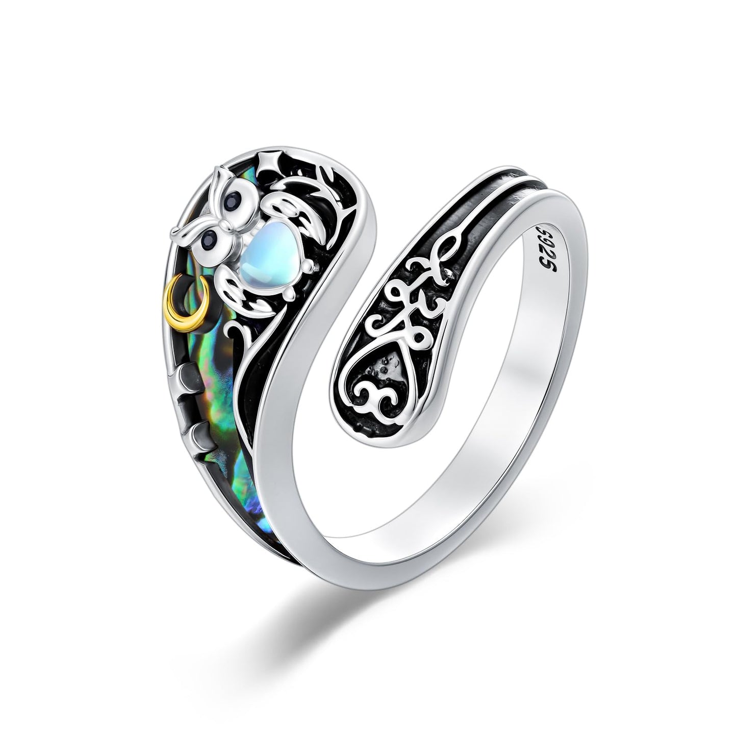 Midari Owl Spoon Rings for Women 925 Sterling Silver Abalone Shell Unique Rings Adjustable Owl Moonstone Rings Open Spoon Thumb Rings Owl Jewelry for Women Men Birthday Christmas Gifts