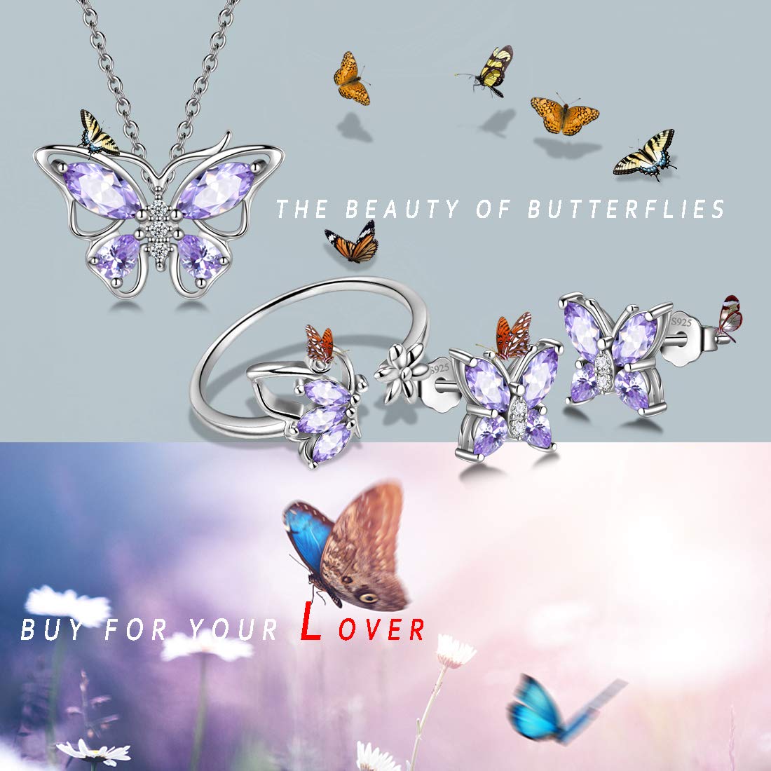 Hipunk Butterfly Blue Jewelry Sets Birthstone Women 925 Sterling Silver June-Alexandrite Birth Stone Animal Butterflies Jewelry Sets/Earring/Ring Set Crystal Birthday Jewelry SS0002U