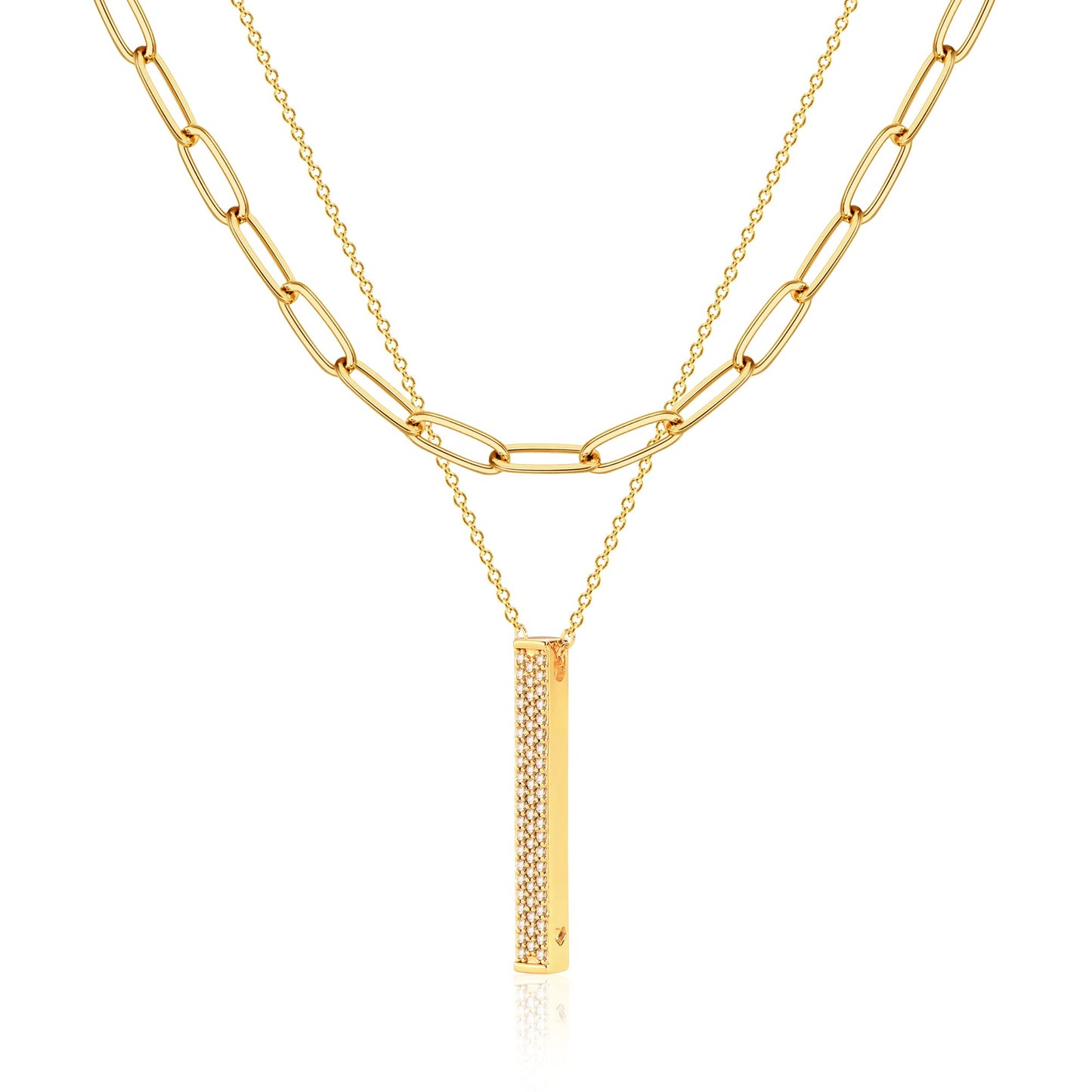 MEVECCO Gold Layered Choker Necklace for Women, 18K Gold Plated Dainty CZ 3D Vertical Bar Pendant Minimalist Paperclip Double Layer Necklace for Jewelry