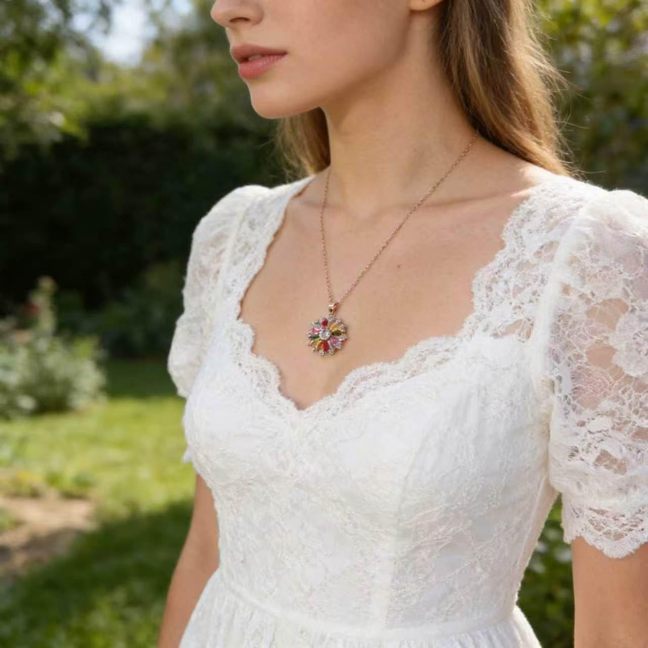 Kim Carrey Italian Elegant Rose Gold Necklace for Ladies | 18K Rose Gold Plated Necklace Pendant for Women | Gemstone necklace, Gift for Daughter, Wife, Mom, Her Jewelry (Seven-Color Flower)